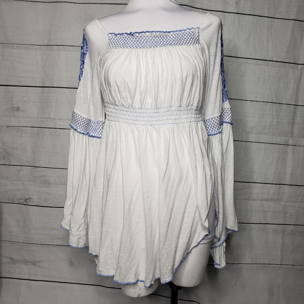 Free People White and Blue Boho Top